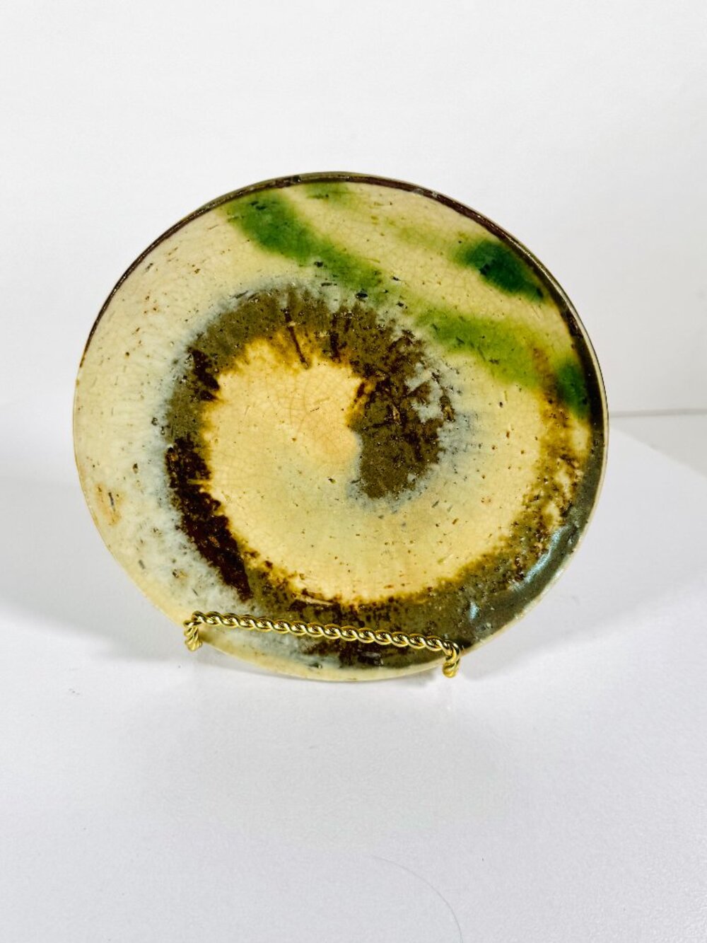 Vtg Studio Art Pottery 5.25" Plate Round Glaze Swirling Green Brown Signed Textu
